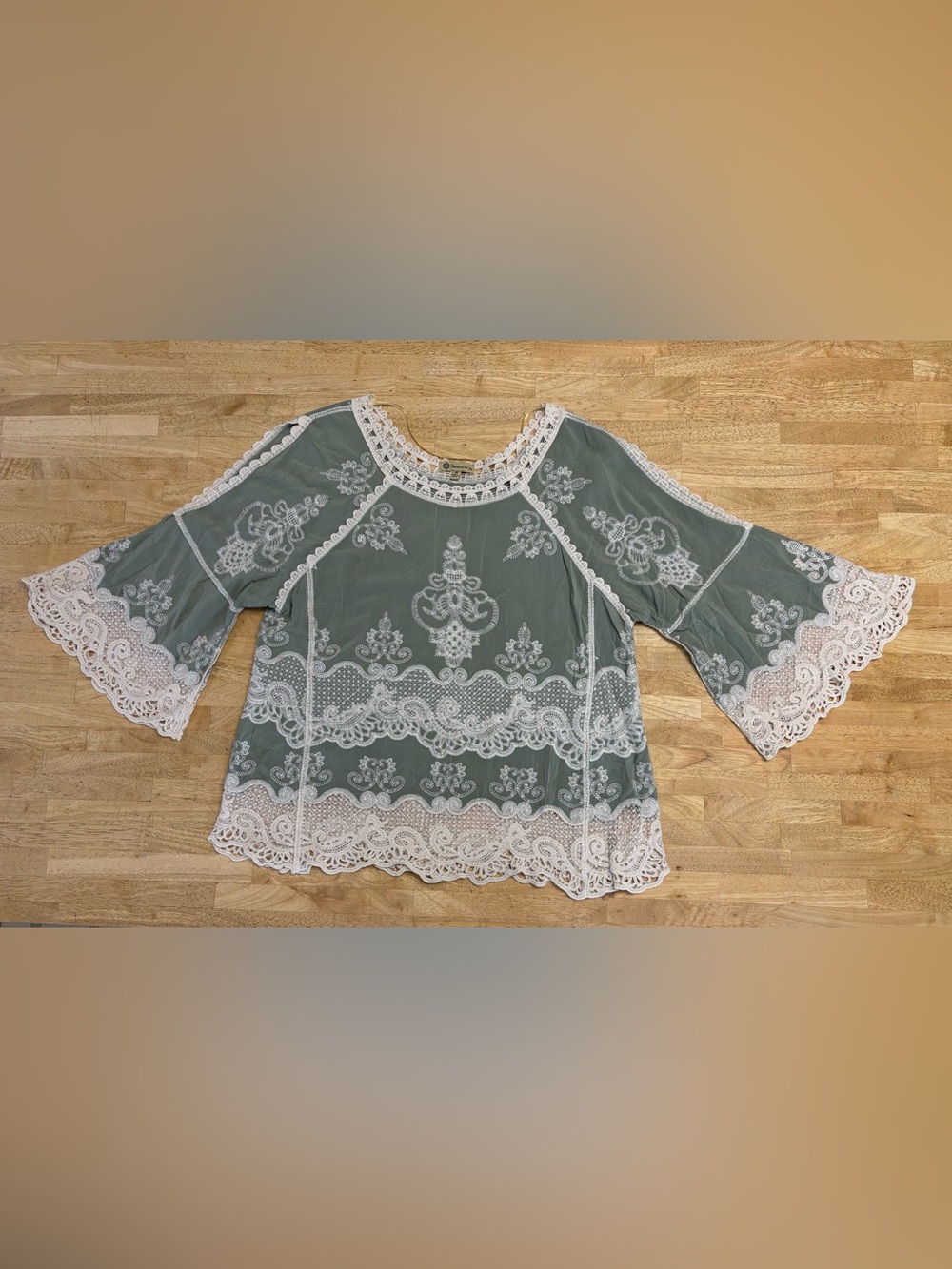 NWT Democracy Sage Green Boho Embroidered Blouse Cream Crochet Lace Bell Sleeve